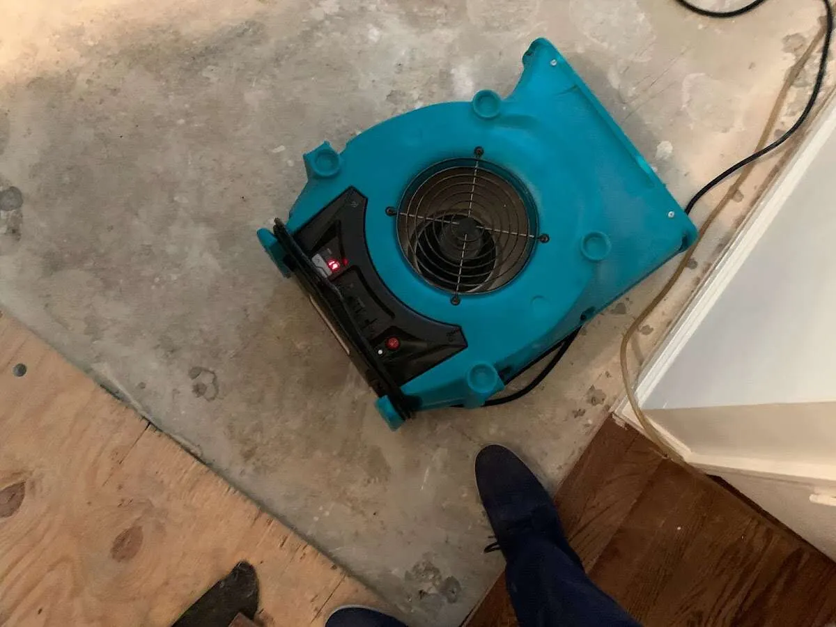 Air mover drying subfloor during Leak Detection & Repair in Kennedale